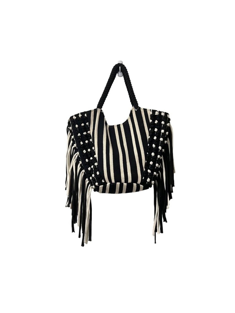 Womens Black Cream Bohemian Woven Side Tasseled Striped Large Shoulder Bag